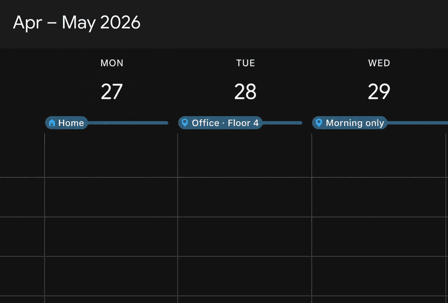 Google Calendar week view with Rostora working-location entries for office, remote, and partial-day status.